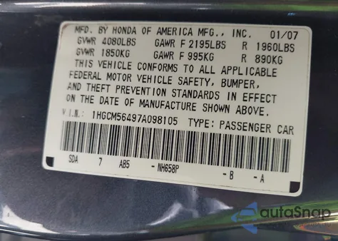 2007 Honda Accord Lx z USA, uszkodzony, nr VIN 1HGCM56497A098105